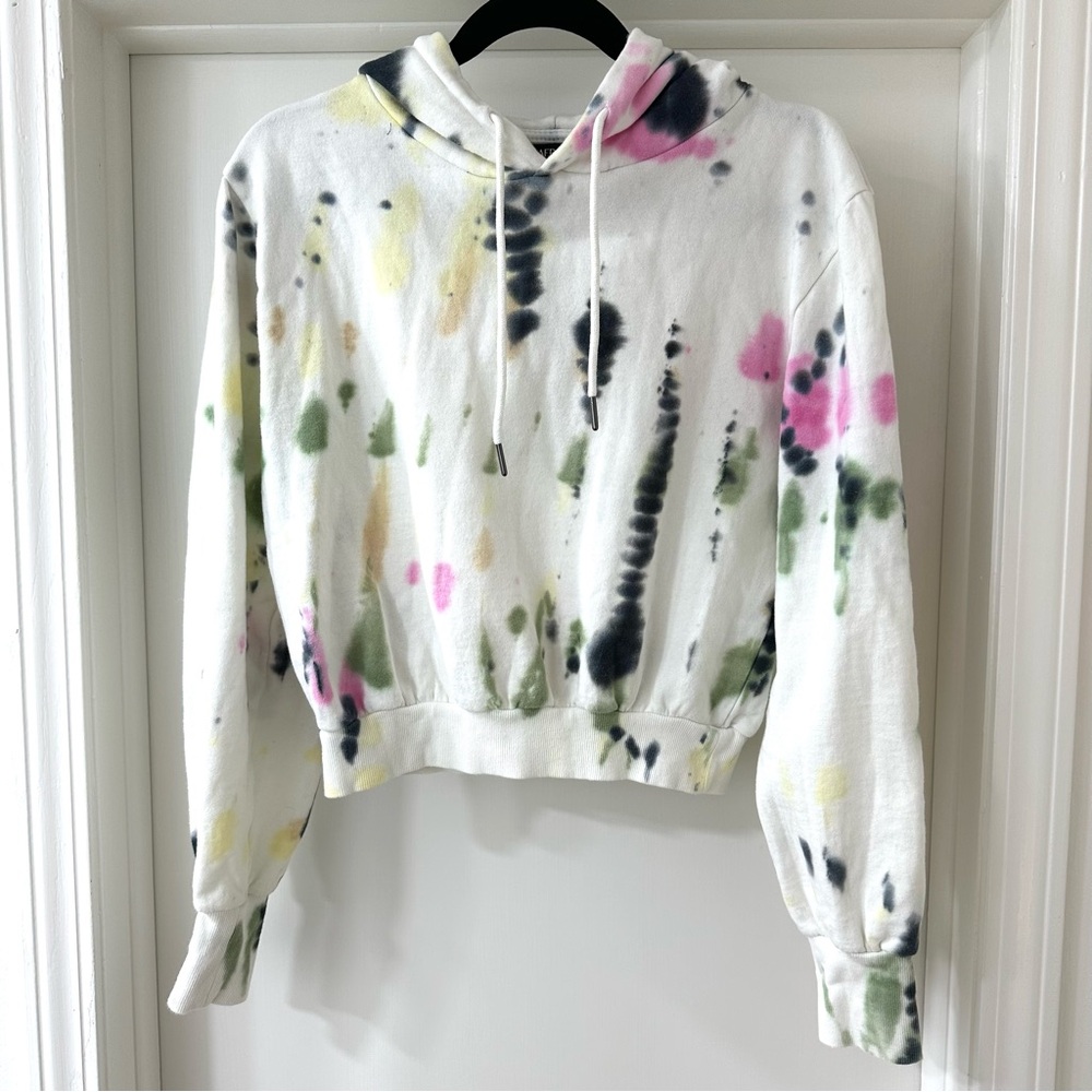 AFRM White Pink Green Tie Dye Cropped Hoodie Sweatshirt, Size S